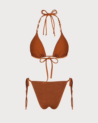 Kahverengi Boyundan Bağlamalı Büzgü Bağlamalı Üçgen Bikini Takımı
