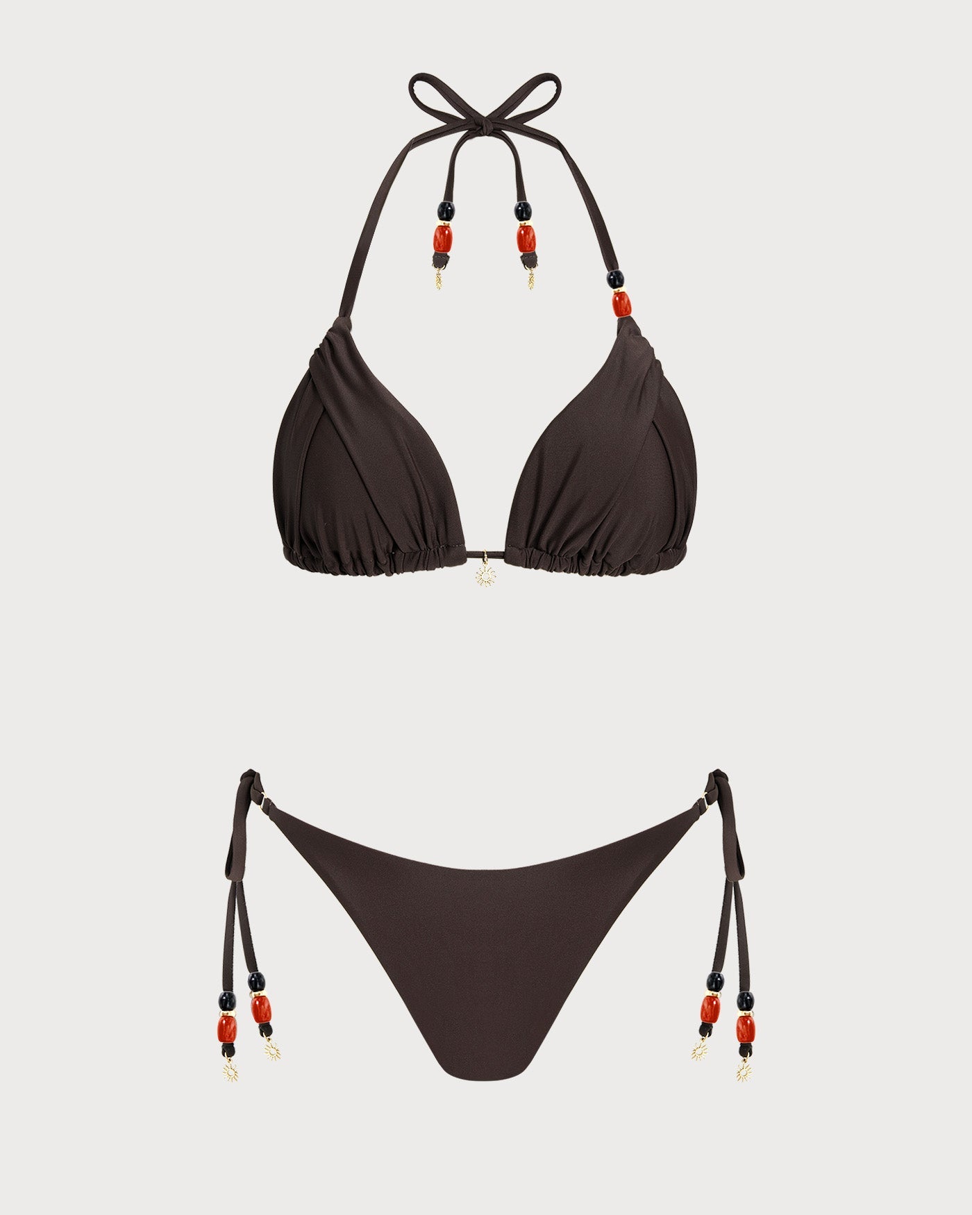 Kahverengi Boyundan Bağlamalı Normal Bel Bikini Takımı