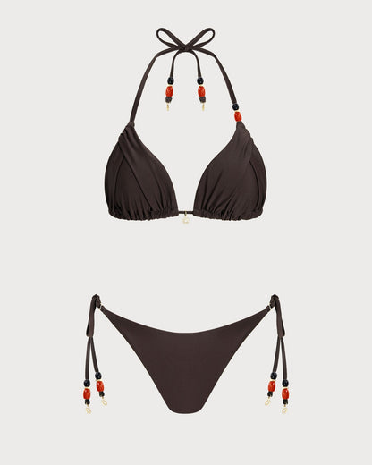 Kahverengi Boyundan Bağlamalı Normal Bel Bikini Takımı