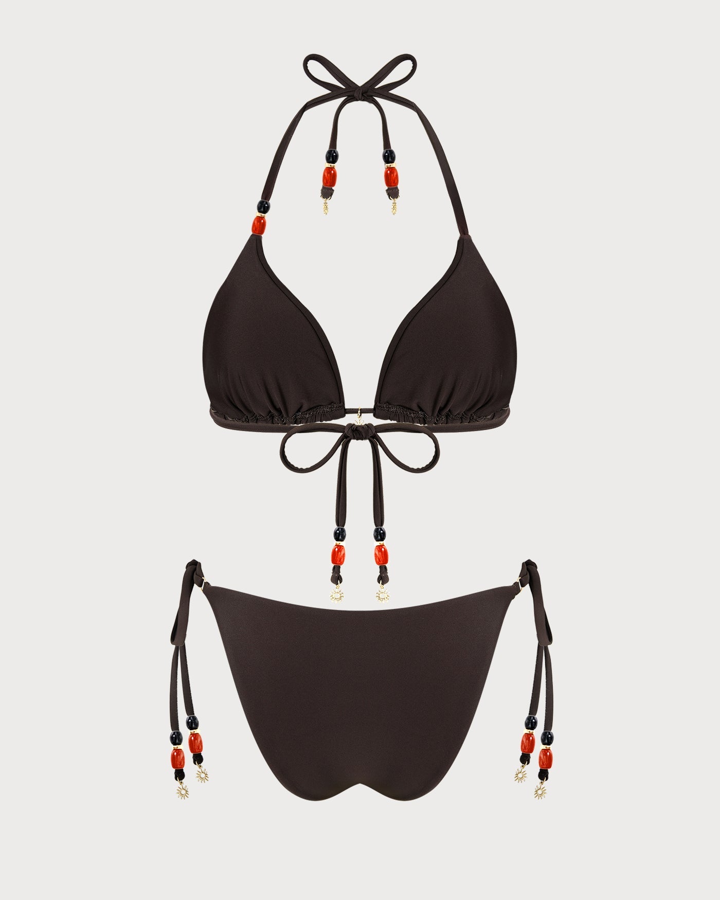 Kahverengi Boyundan Bağlamalı Normal Bel Bikini Takımı
