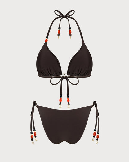 Kahverengi Boyundan Bağlamalı Normal Bel Bikini Takımı