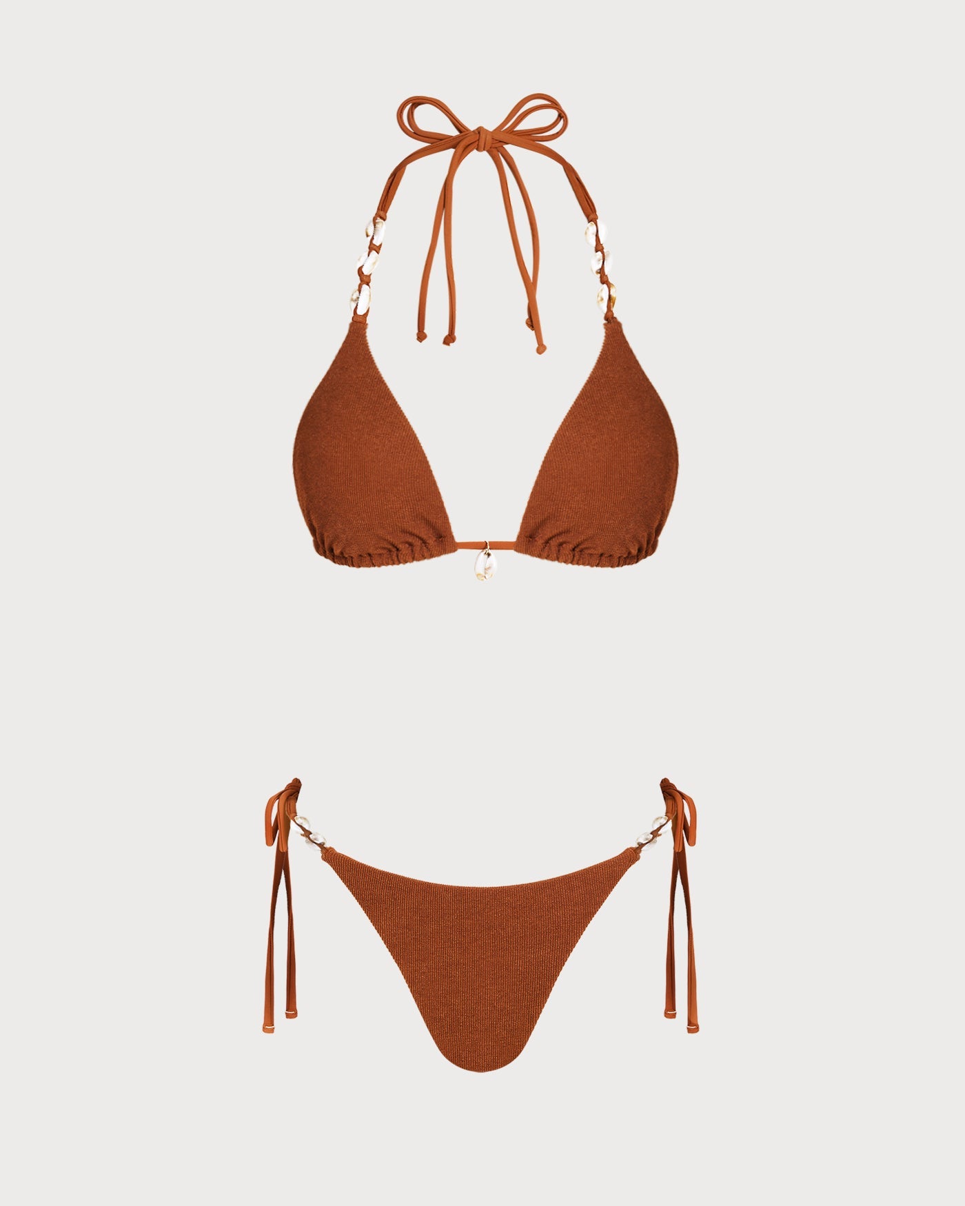 Kahverengi Boyundan Bağlamalı Büzgü Bağlamalı Üçgen Bikini Takımı
