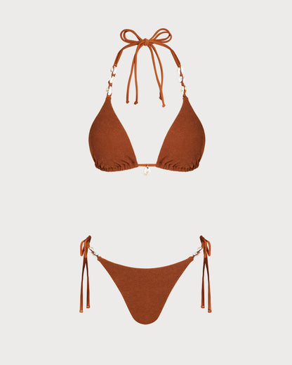 Kahverengi Boyundan Bağlamalı Büzgü Bağlamalı Üçgen Bikini Takımı