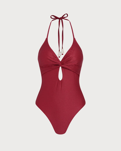 Kırmızı Boyundan Bağlamalı Bralet Tek Parça Mayo