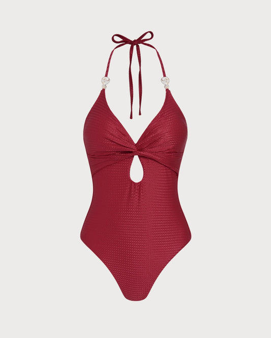 Kırmızı Boyundan Bağlamalı Bralet Tek Parça Mayo