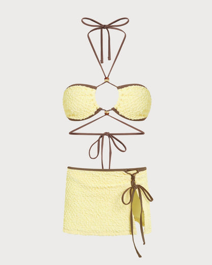 Sarı Boyundan Bağlamalı Büzgü Bağlamalı Bandeau Bikini Takımı