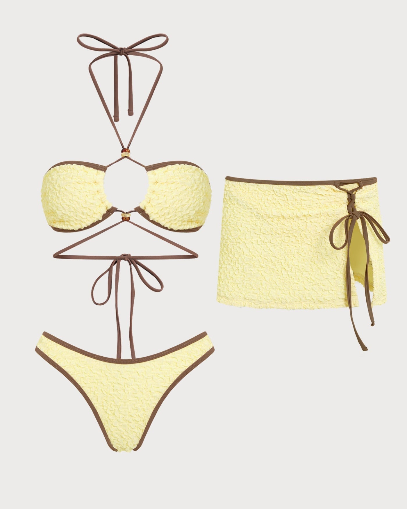 Sarı Boyundan Bağlamalı Büzgü Bağlamalı Bandeau Bikini Takımı