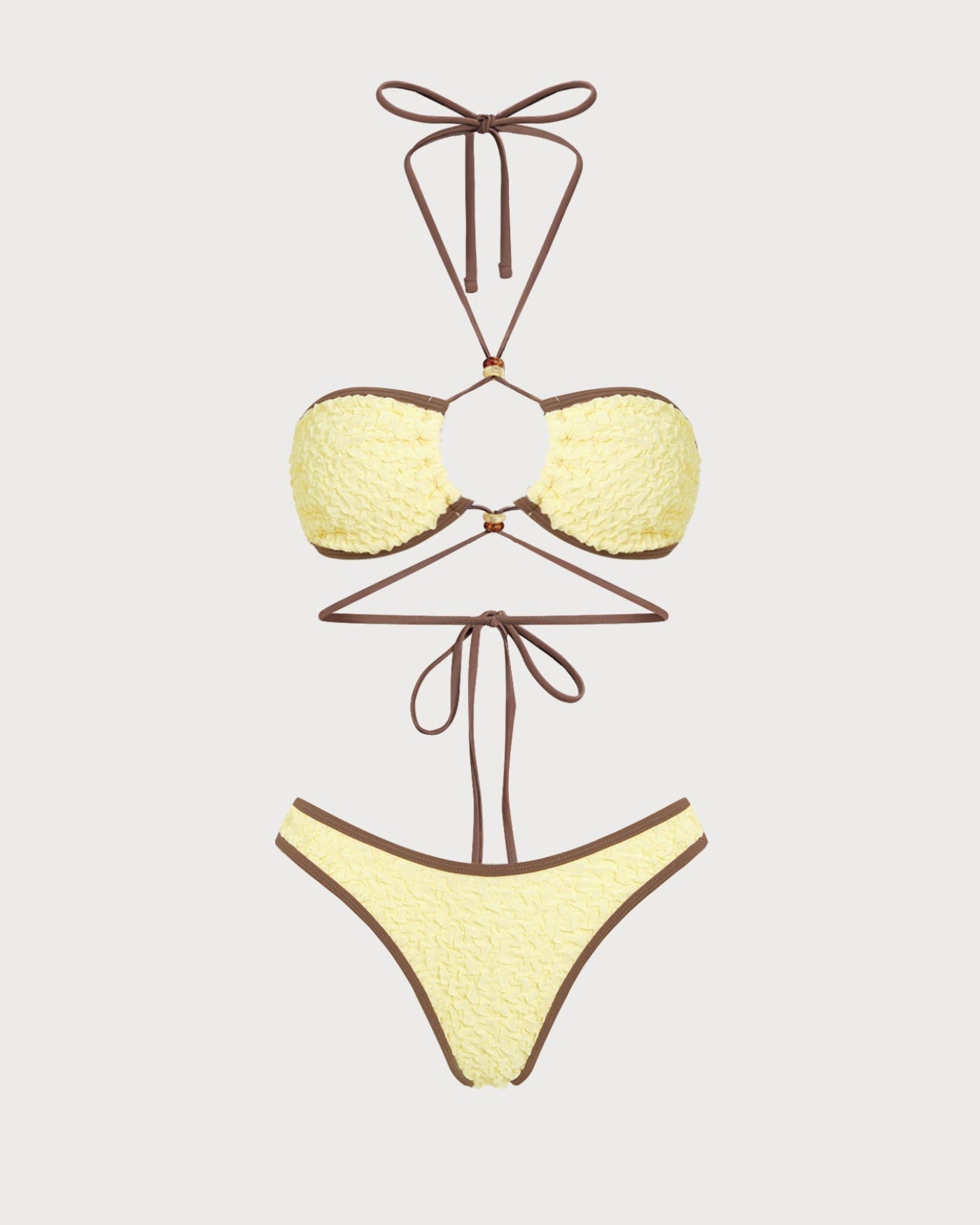 Sarı Boyundan Bağlamalı Büzgü Bağlamalı Bandeau Bikini Takımı