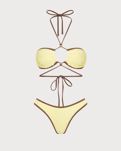 Sarı Boyundan Bağlamalı Büzgü Bağlamalı Bandeau Bikini Takımı