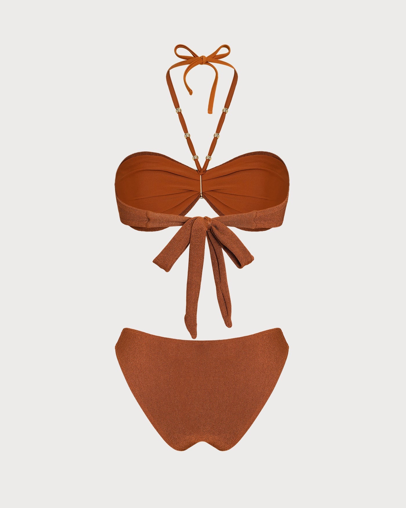Kahverengi Boyundan Bağlamalı Dokulu Bandeau Bikini Takımı