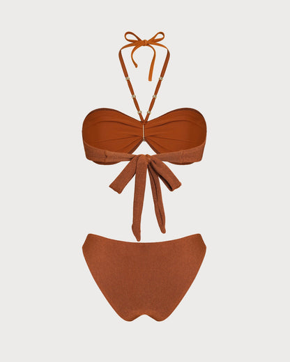 Kahverengi Boyundan Bağlamalı Dokulu Bandeau Bikini Takımı