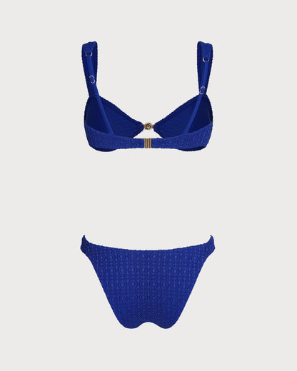 Mavi V Yaka Dokulu Bralet Bikini Takımı