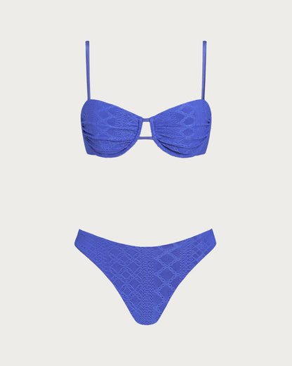 Mavi Dokulu Büzgü Bağlamalı Balenli Bikini Takımı