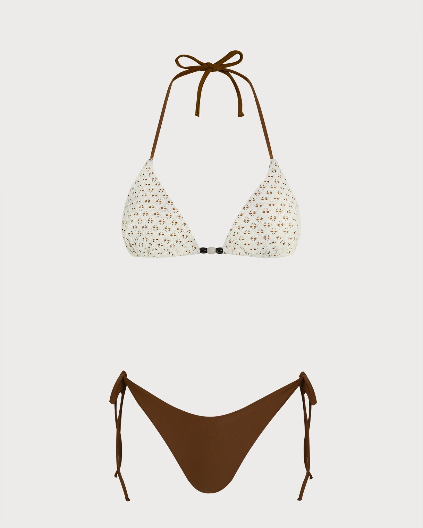 Kahve Boyundan Bağlamalı Dokulu Büzgü Bağlamalı Bikini Takımı