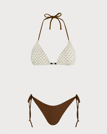 Kahve Boyundan Bağlamalı Dokulu Büzgü Bağlamalı Bikini Takımı