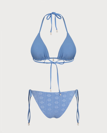 Mavi Boyundan Bağlamalı Üçgen Reversible Bikini Takımı