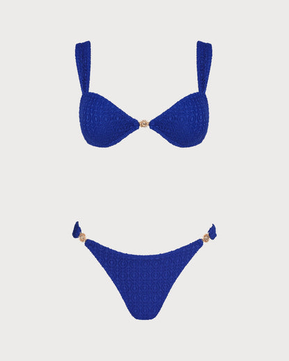 Mavi V Yaka Dokulu Bralet Bikini Takımı