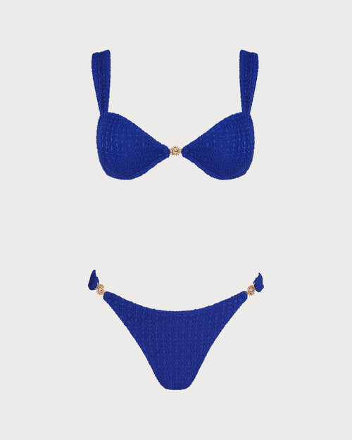 Mavi V Yaka Dokulu Bralet Bikini Takımı