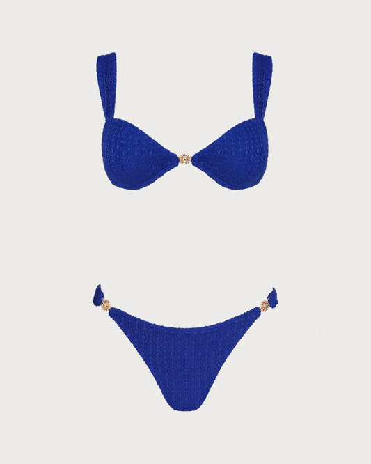 Mavi V Yaka Dokulu Bralet Bikini Takımı