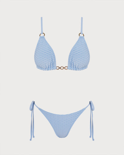 Mavi V Yaka O Halka Detaylı Üçgen Bikini Takımı
