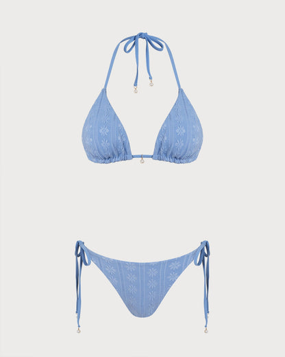 Mavi Boyundan Bağlamalı Üçgen Reversible Bikini Takımı