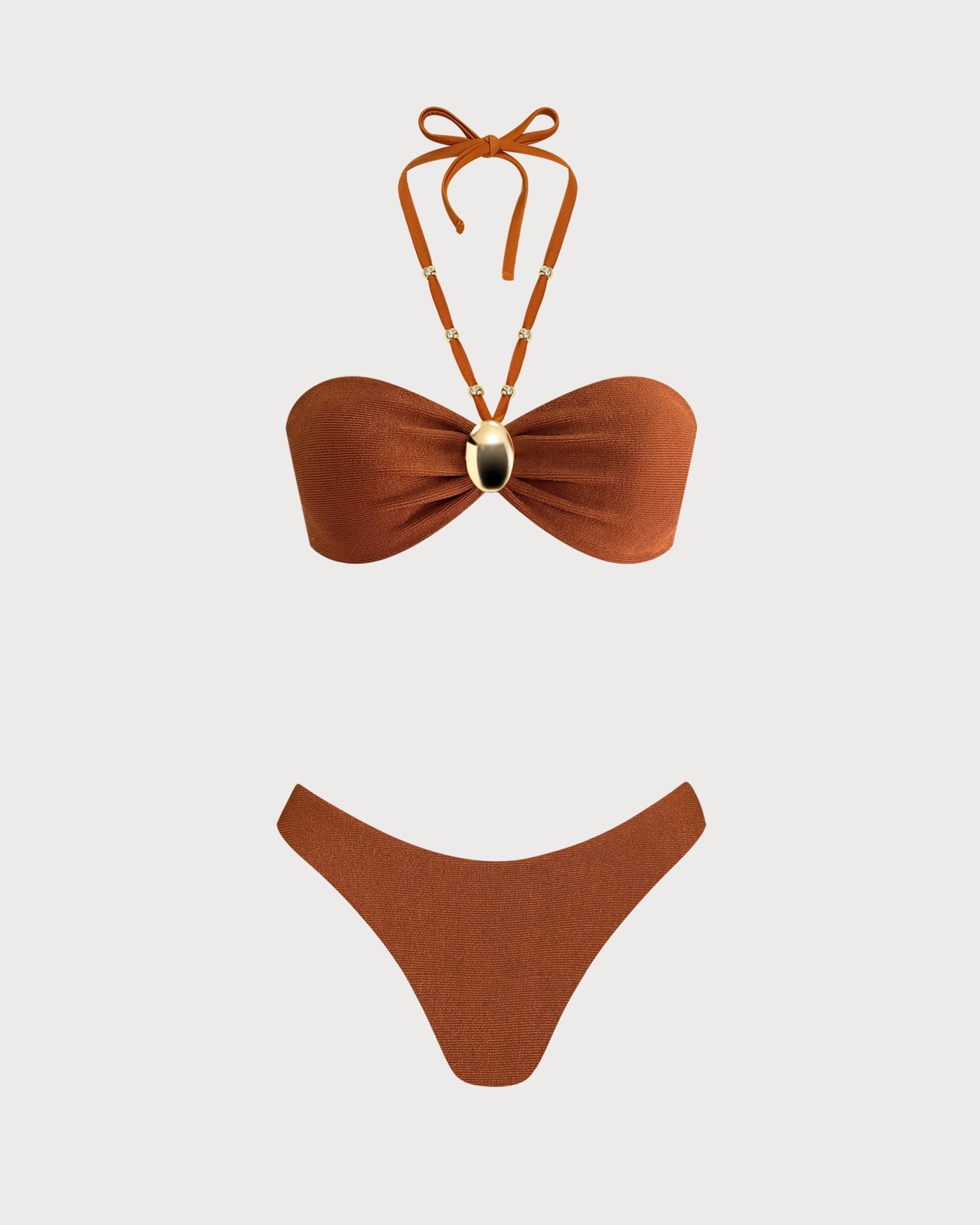 Kahverengi Boyundan Bağlamalı Dokulu Bandeau Bikini Takımı