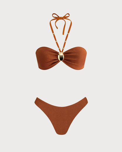 Kahverengi Boyundan Bağlamalı Dokulu Bandeau Bikini Takımı