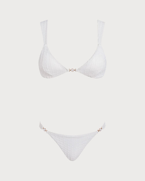 Beyaz V Yaka Dokulu Bralet Bikini Takımı
