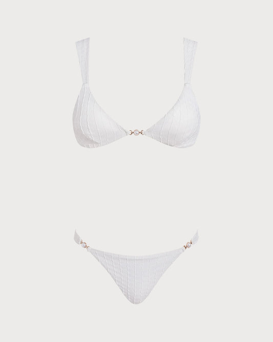 Beyaz V Yaka Dokulu Bralet Bikini Takımı