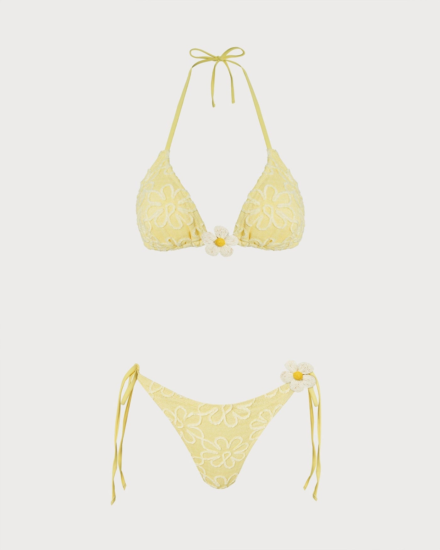 Sarı Boyundan Bağlamalı Çiçek Desenli Dokulu Bikini Takımı