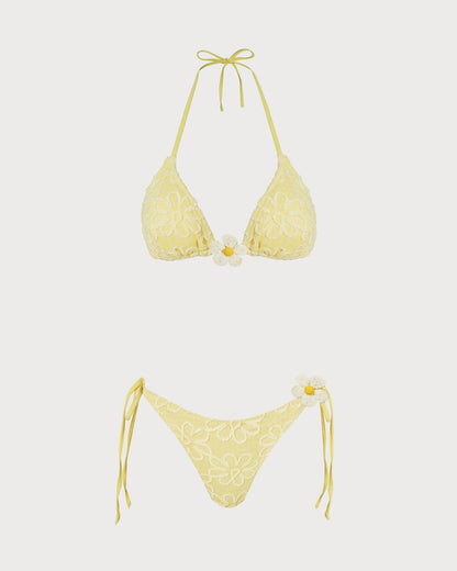 Sarı Boyundan Bağlamalı Çiçek Desenli Dokulu Bikini Takımı