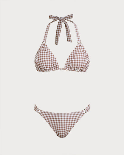 Kahve Ekose Boyundan Bağlamalı Bikini Takımı