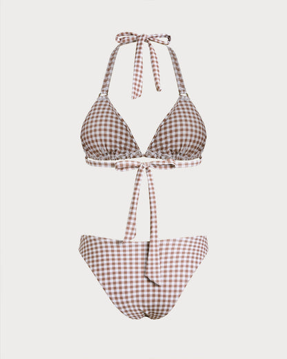 Kahve Ekose Boyundan Bağlamalı Bikini Takımı