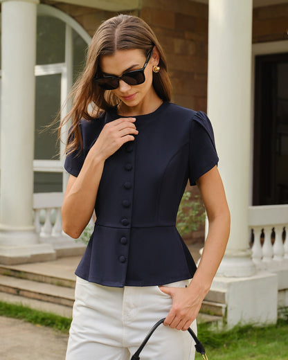 Lacivert Bisiklet Yaka Yaprak Sleeve Bluz