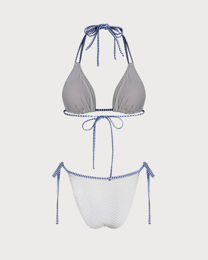 Beyaz Boyundan Bağlamalı Contrasting Üçgen Bikini Takımı