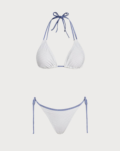 Beyaz Boyundan Bağlamalı Contrasting Üçgen Bikini Takımı