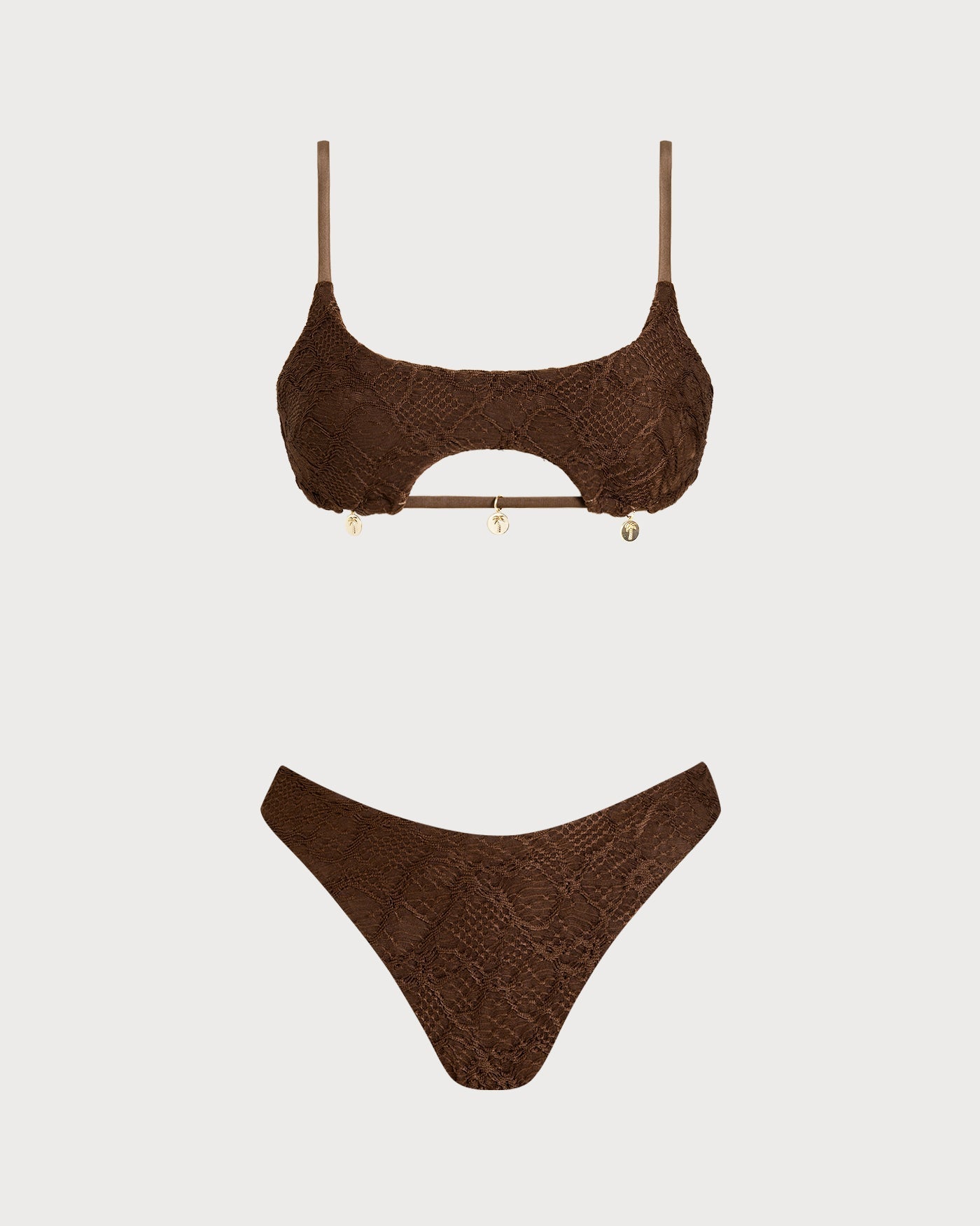 Kahve Kare Yaka Dokulu Bandeau Bikini Takımı