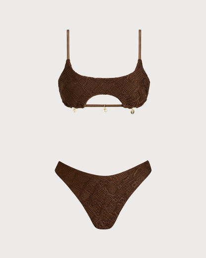 Kahve Kare Yaka Dokulu Bandeau Bikini Takımı