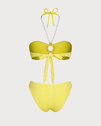 Sarı Boyundan Bağlamalı Jakarlı Bandeau Bikini Takımı