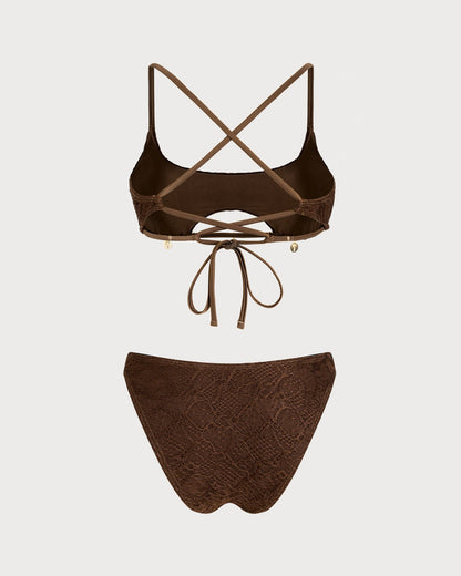 Kahve Kare Yaka Dokulu Bandeau Bikini Takımı