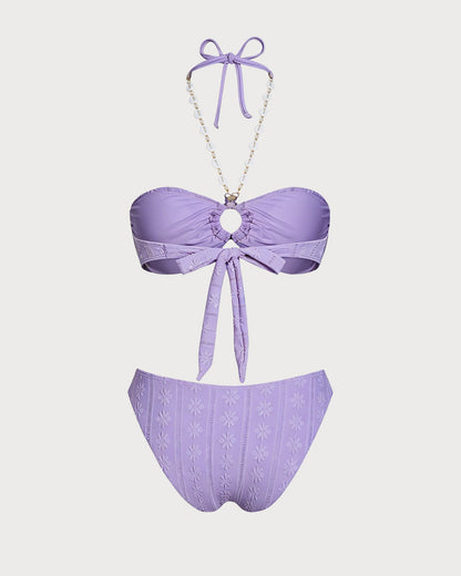 Mor Boyundan Bağlamalı O Halka Detaylı Bandeau Bikini Takımı