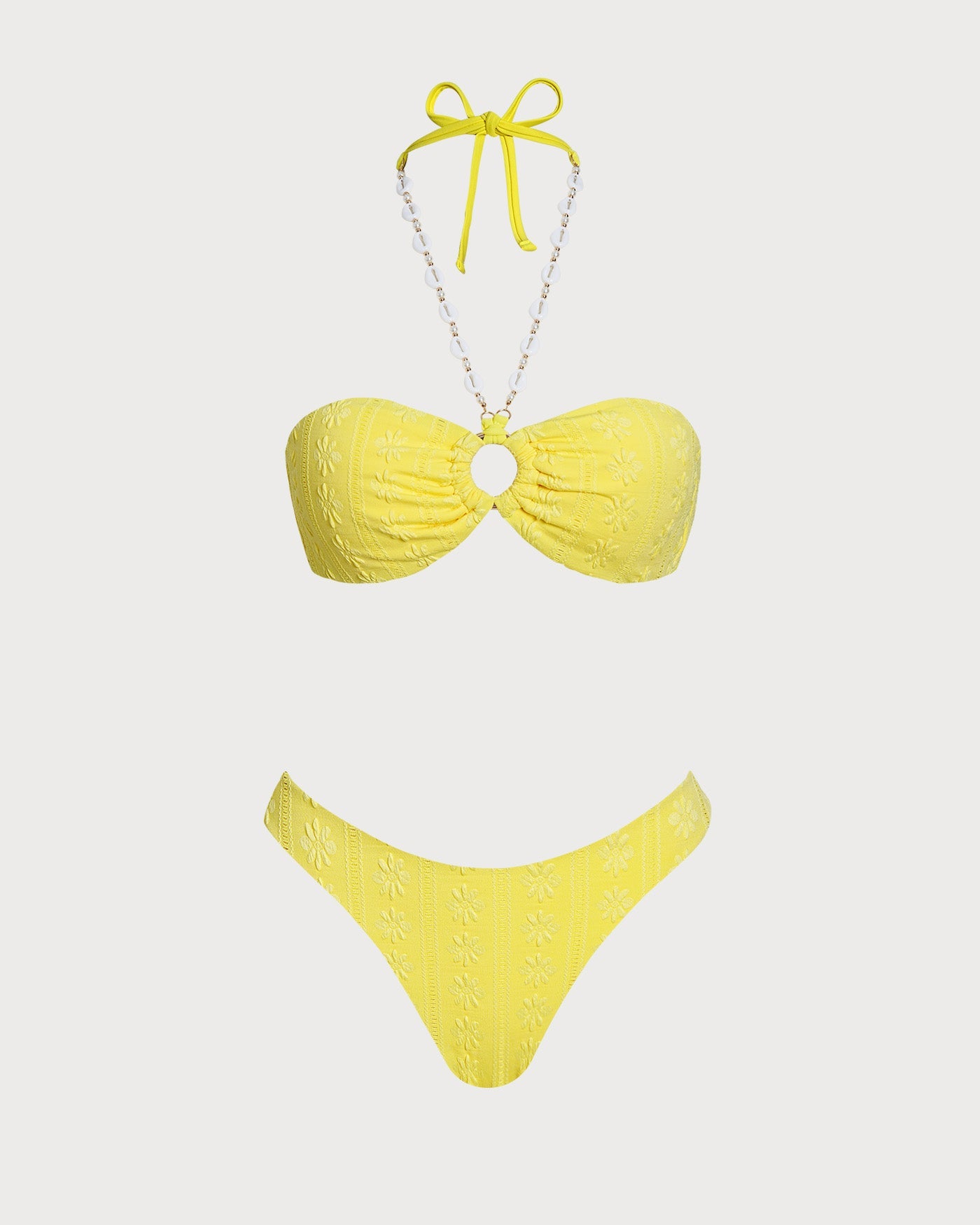 Sarı Boyundan Bağlamalı Jakarlı Bandeau Bikini Takımı