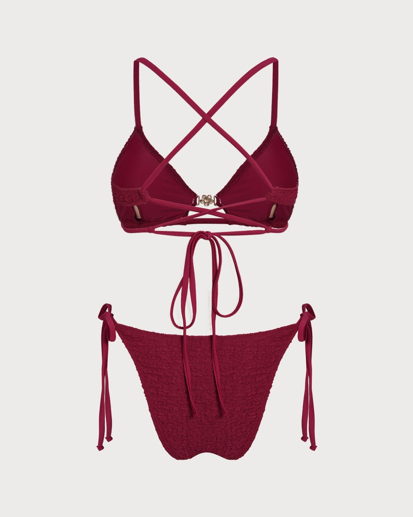 Şarap Kırmızısı Dokulu Büzgü Bağlamalı Bikini Takımı