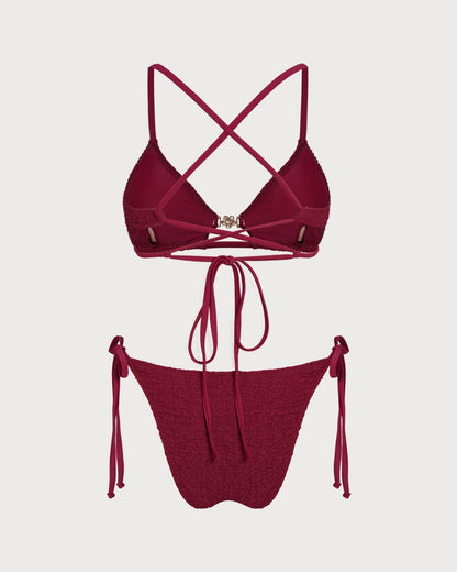 Şarap Kırmızısı Dokulu Büzgü Bağlamalı Bikini Takımı