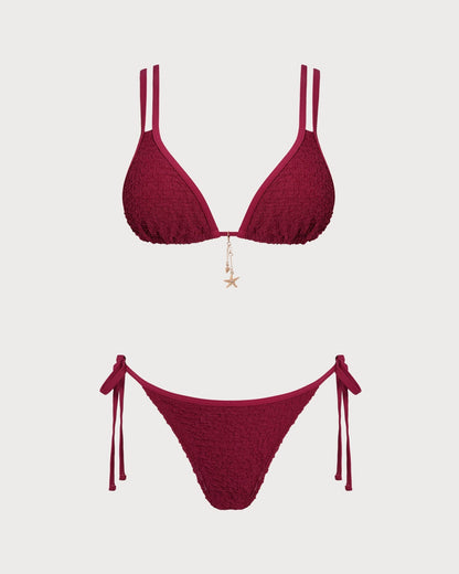 Şarap Kırmızısı Dokulu Üçgen Bikini Takımı