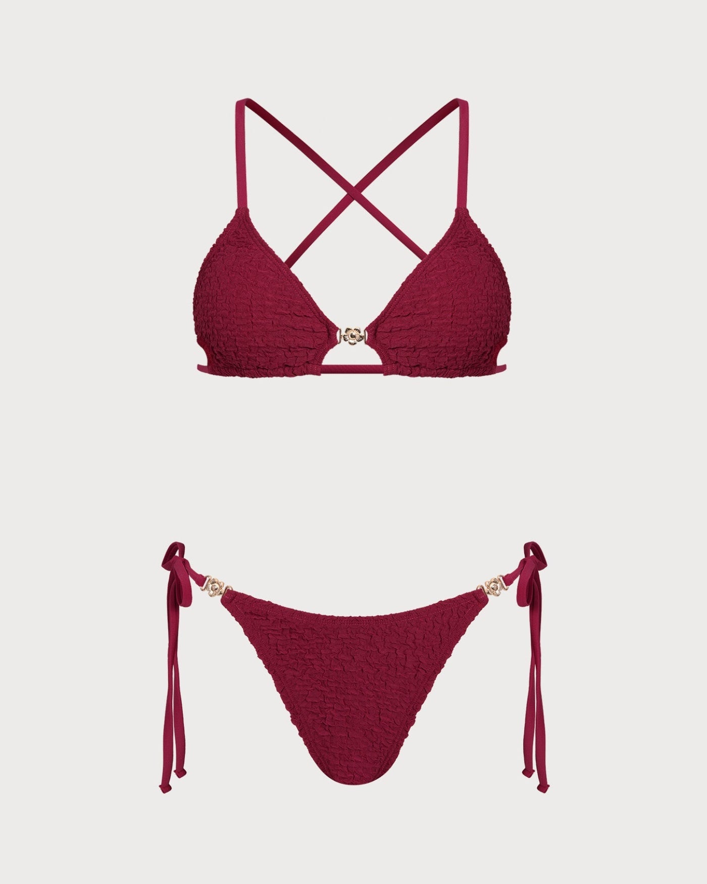 Şarap Kırmızısı Dokulu Büzgü Bağlamalı Bikini Takımı