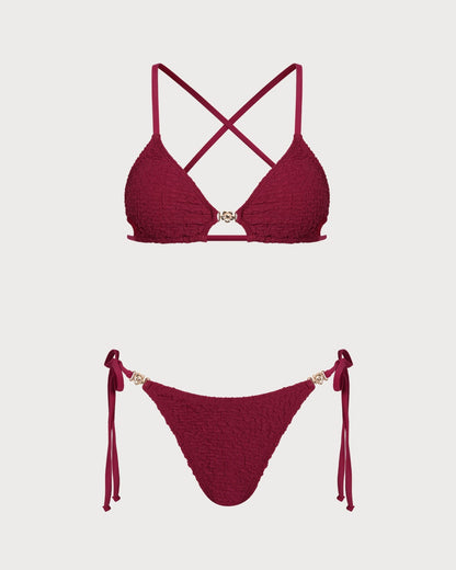 Şarap Kırmızısı Dokulu Büzgü Bağlamalı Bikini Takımı