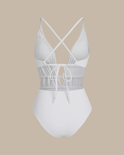 Beyaz Bralet Dokulu Tek Parça Mayo