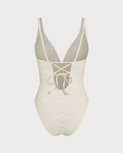 Off Beyaz Bralet Dokulu Tek Parça Mayo