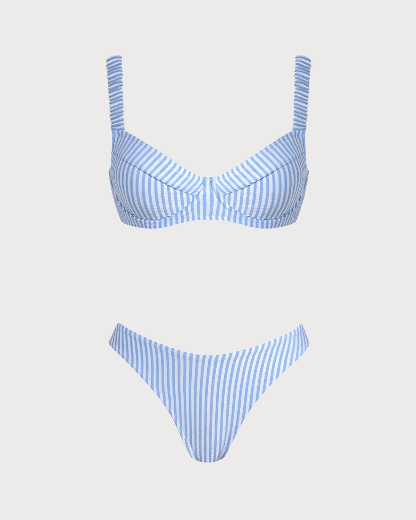 Mavi Kare Yaka Çizgili Bikini Takımı